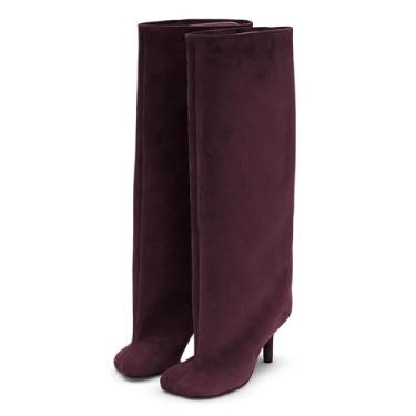 Imagem de Yishaweiqi Botas de cano alto de camurça camel para mulheres: Botas de outono confortáveis de salto agulha com bico quadrado, Camurça vermelho vinho, 38