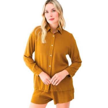 Imagem de Conjunto Feminino De Linho Camisa e Shorts - Levsoch, Mostarda, P
