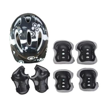 Imagem de Generic Kit de capacete de bicicleta infantil com 7 peças, capacete de skate para adolescentes, boné ajustável, rolo respirável para patinação esportiva, Cinza Preto
