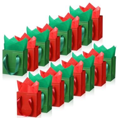 Imagem de Tenare 12 sacos pequenos de presente, mini sacos de papel a granel, pequenos com alça de tecido, para embrulhar presentes, Natal, aniversário, Natal, Ano Novo, lembrancinhas (18 x 10 x 23 cm, vermelho