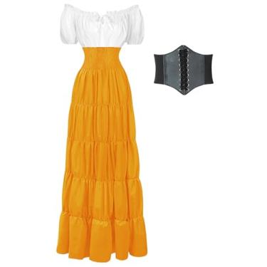 Imagem de Fantasia de Halloween Renascentista Medieval Pirata Viking Vitoriana Feminina Cottage Core Chemise Dress, Amarelo, P
