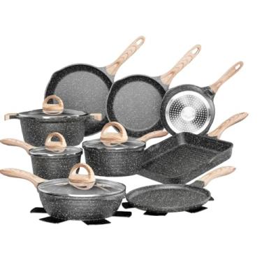 Imagem de JEETEE Conjunto de Panelas e Frigideiras Antiaderentes 23 Unidades, Conjuntos de Panelas de Cozinha Saudáveis, Conjunto de Cozinha por Indução com Frigideiras de Pedra de Granito Cinza, Panelas, Frigi
