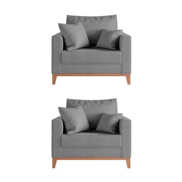 Imagem de Kit 2 Poltronas Beny Decorativa Com 2 Almofadas Linho Cinza Base Em Madeira Maciça