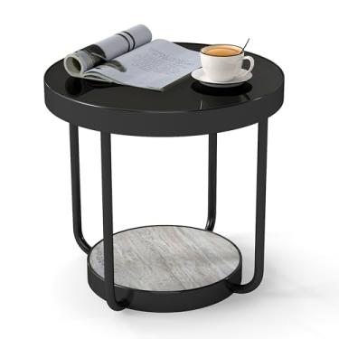 Imagem de DDK Mesa lateral redonda preta de 2 camadas com moldura de metal e prateleira de armazenamento para sala de estar ou quarto