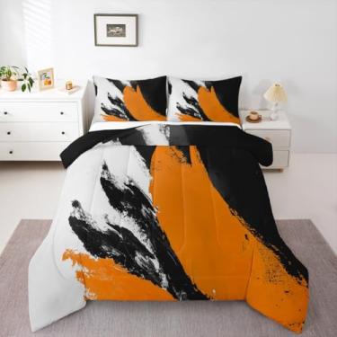 Imagem de Feelyou Conjunto de cama abstrato laranja macio para meninos e meninas, conjunto de edredom geométrico, tamanho Queen, preto e branco, microfibra geométrica, decoração de quarto, 3 peças com 2 fronhas