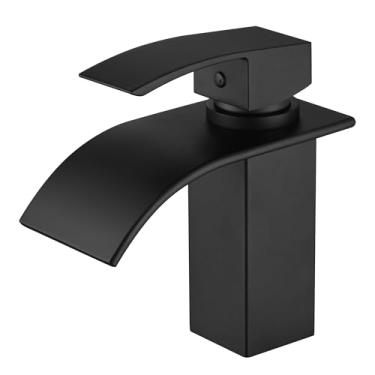 Imagem de SUMERAIN Torneira de pia de banheiro preto fosco, sem chumbo, aço inoxidável 304, furo único, torneira de vaidade de alavanca única com bico de cachoeira