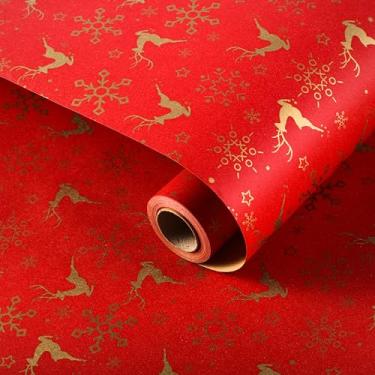 Imagem de Miss DuiDui Rolo de papel de embrulho vermelho de Natal, 43 cm, 10 m, papel kraft com design de rena dourada para Natal, aniversário, crianças, meninas, meninos, bebês