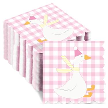Imagem de Crtiin 100 peças One Silly Goose Guardanapo de festa de aniversário com tema de ganso colorido guingão coquetel guardanapo de papel descartável para piquenique de verão churrasco casamento decoração