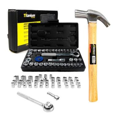 Imagem de Jogo Soquete Sextavado 40 PÇS + Martelo Cabo Madeira 23CM - Titanium P