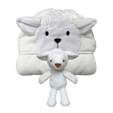 Imagem de Kit Ovelha - Toalha de Banho com Capuz + Bicho de Pelúcia - Laço Bebê