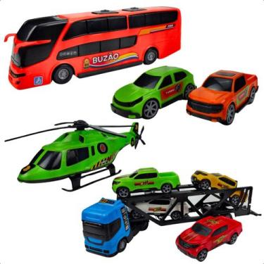 Imagem de Kit Caminhão Cegonheiro Buzão Helicóptero Carrinho Brinquedo Infantil 
