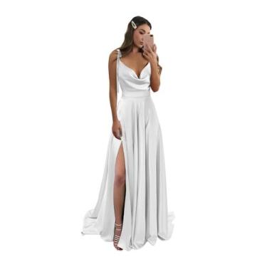 Imagem de Vestido de baile Monvelli de cetim com gola sem encosto e fenda branca