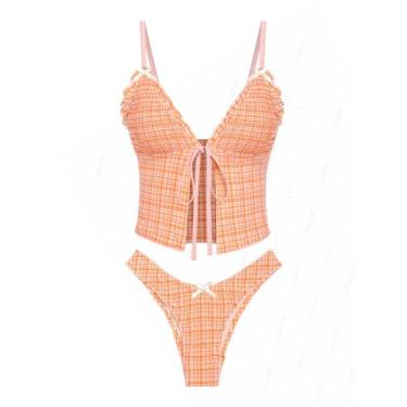 Imagem de Conjunto de tanquíni Seamoly Gingham Bowknot Decor Smocked Ruffles