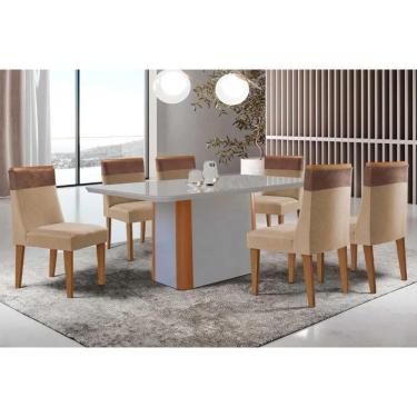 Imagem de Conjunto Sala de Jantar Pietá c/ Tampo Madeirado c/ Vidro Canto Curvo 180x90cm e 6 Cadeiras Jaspe Madeira Maciça Naturale/Off White - Capuccino/Linho 