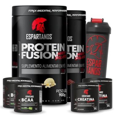 Imagem de Kit 2x Whey Protein Fusion Baunilha e Chocolate 900g + 2x BCAA em Pó Limão 100g + 2x Creatina 100g + Coqueteleira - Espartanos