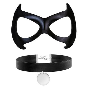 Imagem de Merroyal Meia máscara olho de gato preto com conjunto de gargantilha, acessórios de fantasia de baile de máscaras de Halloween, fantasia de festa cosplay (versão 2)