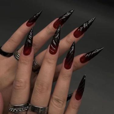 Imagem de Kit de unhas de pressão agulha longa Halloween preto vermelho falso cola em unhas com design simples 3D Halloween cobertura completa bastão falso artificial em unha de acrílico para mulheres uso