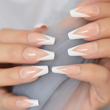 Imagem de Natural Nude Press On Nail Tips tamanho médio V francês caixão arte de unha reutilizável manicure em casa unhas falsas arte unhas acrílicas brilhantes