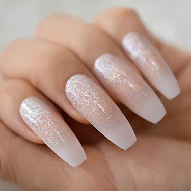 Imagem de 1 kit de decoração de unhas para prensa de caixão, inclui 1 conjunto de pontas de unhas postiças extra longas com glitter rosa nude, minilixa, adesivo de unha, bastão de cutícula