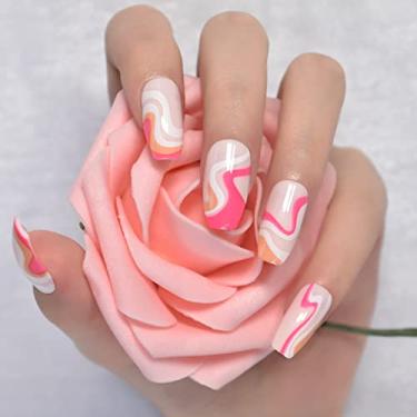 Imagem de Pré-design Nude Pink Press on Nails Comprimento Médio Caixão Unhas Falsas Unhas Falsas Kits de Manicure