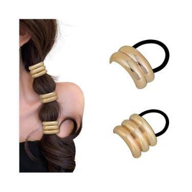 Imagem de 2 peças de laços de cabelo elásticos de metal não danificados suportes de rabo de cavalo acessórios modernos para manguito de cabelo, arco multicamadas dourado