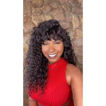 Imagem de Peruca de Cabelo Humano Cacheado com Franja Sulamita Preta de 50 cm - 