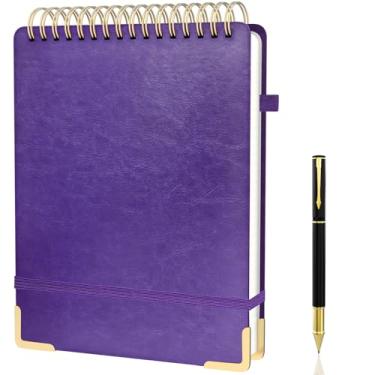 Imagem de Caderno espiral A4, grande capa dura de couro, blocos de esteno encadernados na parte superior, 240 páginas, papel pautado de 100 g/m², caderno para canhoto, para trabalho, escola, reunião - roxo