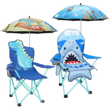 Imagem de KABOER 2 peças de cadeira de acampamento dobrável ao ar livre com padrão de tubarão e dinossauro infantil, com suporte para copo e bolsa de transporte e 2 guarda-chuvas para praia, piquenique