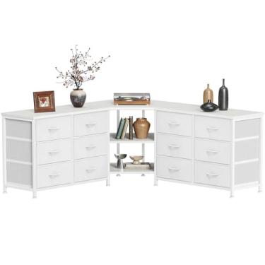 Imagem de Huuger Cômoda branca de 121 cm para quarto, suporte de TV de canto para TV de 139 cm, cômoda em forma de L com armazenamento e prateleiras abertas, cômoda de tecido de 12 gavetas para armário, para