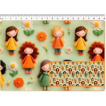 Imagem de Tecido Tricoline Digital Girls and Puppies Estampa de Bonecas Fundo Verde 50 x 150 cm