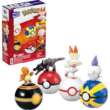 Imagem de Mega Pokémon equipa de treinador de fogo pack 4 Pokeballs com salandit, Scorbunny, Charmander & Litwick, 105 blocos de construção, brinquedo + 6 anos (Mattel HTJ06)