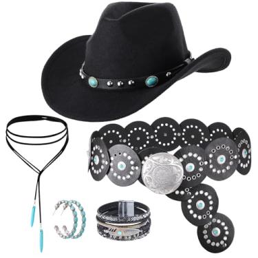 Imagem de Cutecrop Conjunto de 5 peças de joias boho, chapéu de caubói, cinto ocidental, pingente boho, gargantilha em camadas, brincos pendentes, One Size, feltro, liga metálica, couro bovino, Liga metálica.