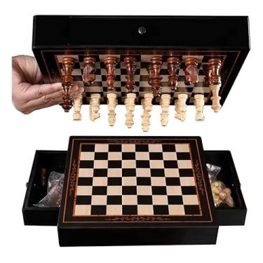 Imagem de Tabuleiro Profissional de Xadrez Antiderrapante, em Verniz Madeira, com 2 Gavetas, 40x40 cm, Magnético, Peças em Madeira, 2 Rainhas Extras, Luxo,
