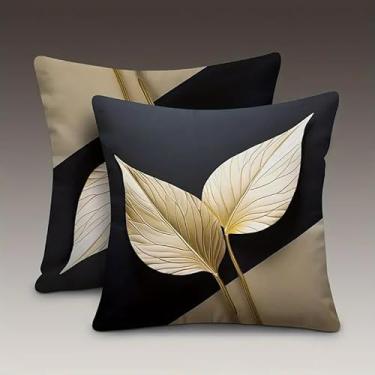Imagem de 2 peças, capa de almofada decorativa moderna, preta e bege com design de folha dourada, capa de almofada quadrada de linho para decoração de casa, detalhes luxuosos em preto e bege/branco, perfeita
