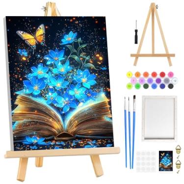 Imagem de Kit de pintura por números para adultos iniciantes emoldurado com cavalete de madeira, livros flores, kits de pintura por número em tela, borboleta faça você mesmo, pintura a óleo acrílica fácil por