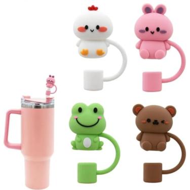 Imagem de 4 peças tampa de palha para copo Stanley de 10 mm fofo de silicone Stanley cobertura de palha para copo Stanley acessórios à prova de poeira canudo reutilizável pontas de palha tampas animais capa de