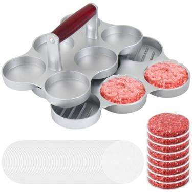 Imagem de Anmrept Mini prensa de hambúrguer para carne pequena com 300 papéis, formato redondo, para mini hambúrguer, churrasco, piquenique, acampamento, seis compartimentos de 6,7 cm