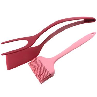 Imagem de ZQIY 2 peças de pincéis e espátulas grandes de silicone com clipes de pinça, pincéis de cozinha, misturadores refogados, dobráveis para escovação a óleo, vermelho e rosa, para hambúrgueres, bifes