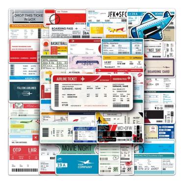 Imagem de Pacote de adesivos: cartão de embarque, 52 unidades, bilhete de avião retrô, Vin