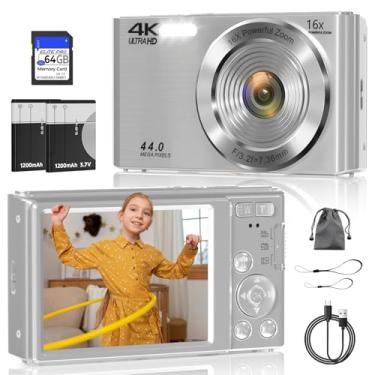 Imagem de Câmera digital, câmera digital FHD 4K 44MP, zoom digital 16X, câmera digital de ponto e disparo com luzes de preenchimento de 3 LEDs, cartão SD de 64 GB, câmera compacta para crianças, adolescentes,