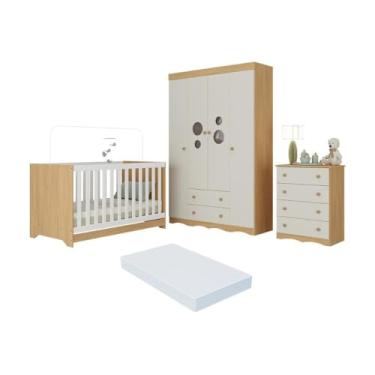 Imagem de Quarto de Bebê Completo Berço Americano 3 em 1 Colchão Sonho Multimóveis Mp4635 Madeirado/off White