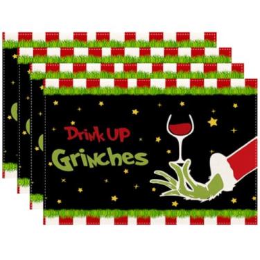 Imagem de ZCHOMI Jogo americano Christmas Grinch conjunto de 4, 30 x 45,7 cm, copo de vinho, mesa de inverno, para cozinha, jantar, casa, decoração de festa
