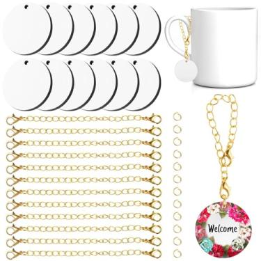 Imagem de 12 conjuntos de blocos redondos de sublimação para pingentes DIY, inclui correntes e anéis de salto para artesanato de canecas, copos e decorações