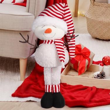 Imagem de Honamonoy Boneco de neve em pé de Natal boneco de neve extensível boneca de pelúcia com pernas telescópicas decorações lenço vermelho branco listra chapéu boneco de neve enfeite de mesa decoração para