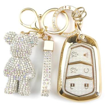 Imagem de Rayslesan Linda capa de chaveiro com pingente de urso de strass, capa inteligente de TPU brilhante para mulheres, compatível com Cadillac Escalade 2015-2020, Escalade ESV 2015-2020 (6 botões, branco