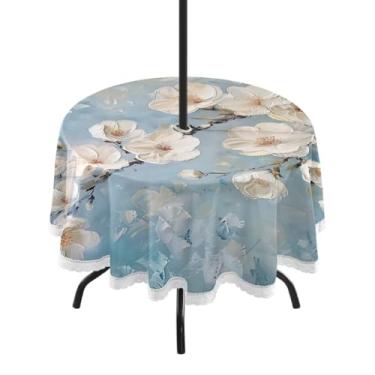 Imagem de Blueangle Toalha de mesa redonda de flores de cerejeira branca impermeável de 152 cm com orifício para guarda-chuva - Tecido resistente para todos os climas à prova de sol para pátio, acampamento