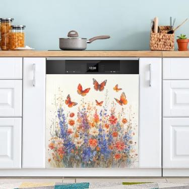 Imagem de ATTX Capa magnética de borboletas e flores silvestres para lava-louças, 58 cm C x 66 cm A, decoração frontal da capa da máquina de lavar louça, decalques para armários domésticos e eletrodomésticos