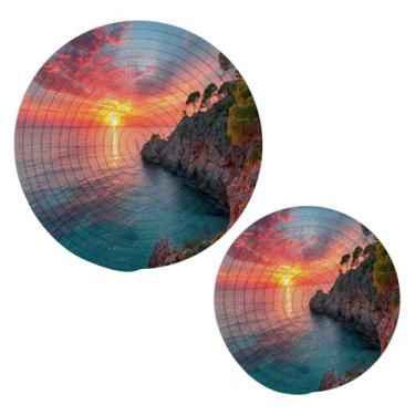 Imagem de Blueangle 2 peças de suporte de panela para trivet colorido nascer do sol - conjunto de pegadores de panela de tecido redondo - almofadas quentes trançadas de algodão - porta-copos - tapetes de mesa