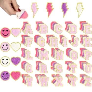 Imagem de 116 peças de apliques de letras do alfabeto com glitter, raio colorido e corações, apliques bordados de chenille autoadesivos para artesanato DIY