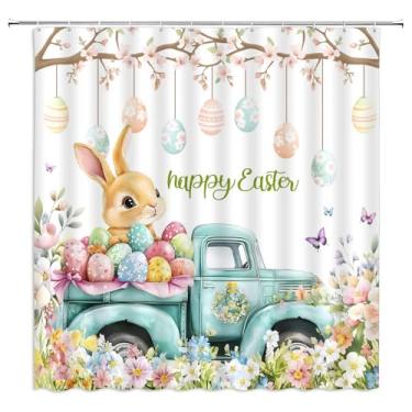 Imagem de YSSFAV Cortina de chuveiro Happy Easter Bunny Spring Floral Flowers Butterfly Farmhouse Blue Truck Conjunto de cortinas para decoração de banheiro com ganchos, 177 cm L x 177 cm A